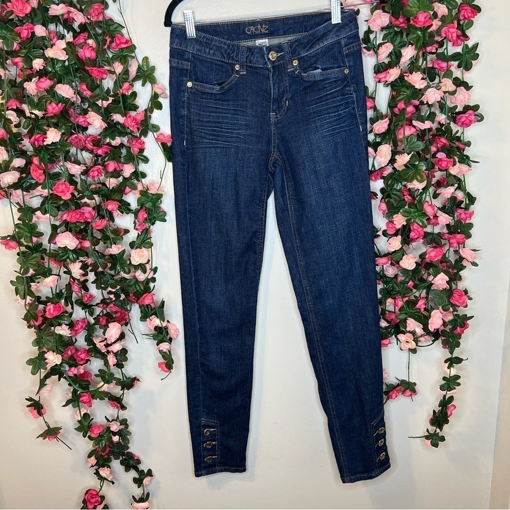 Cache Dark Wash Blue Skinny Jeans Rhinestone Design Women’s 4 Casual Denim